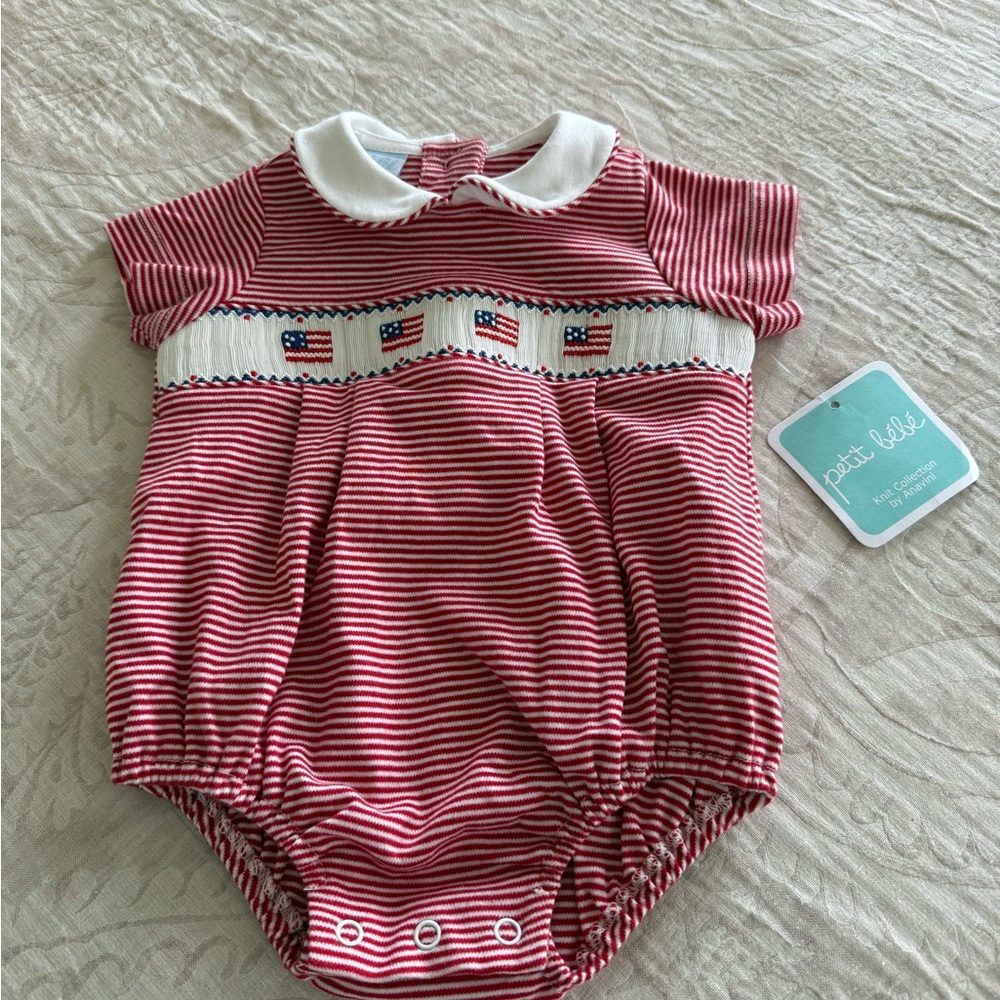 Red Striped smocked American flag bubble 3 months perfect for Fourth of July